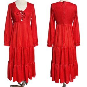 70s vintage boho prairie dress long sleeve corset tie cutout milkmaid cottage.